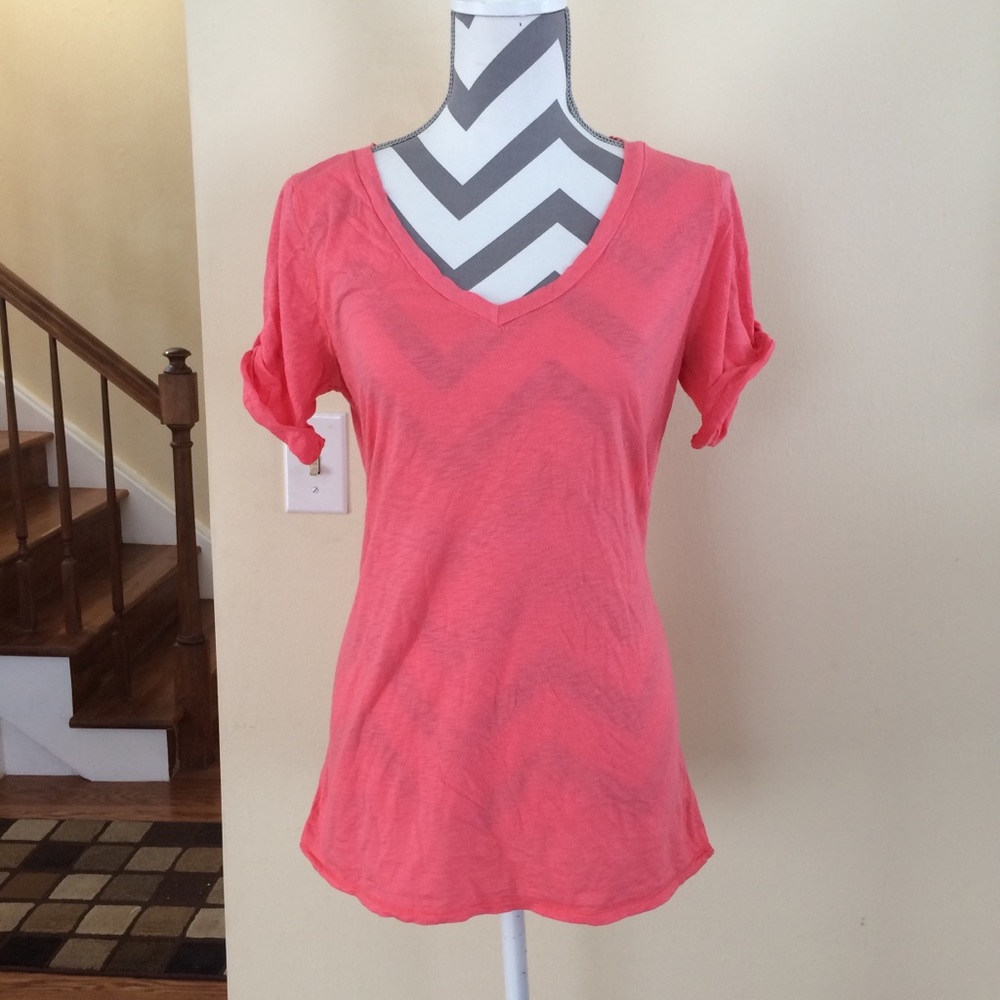 Lucky Brand coral tee, rolled-up button sleeves